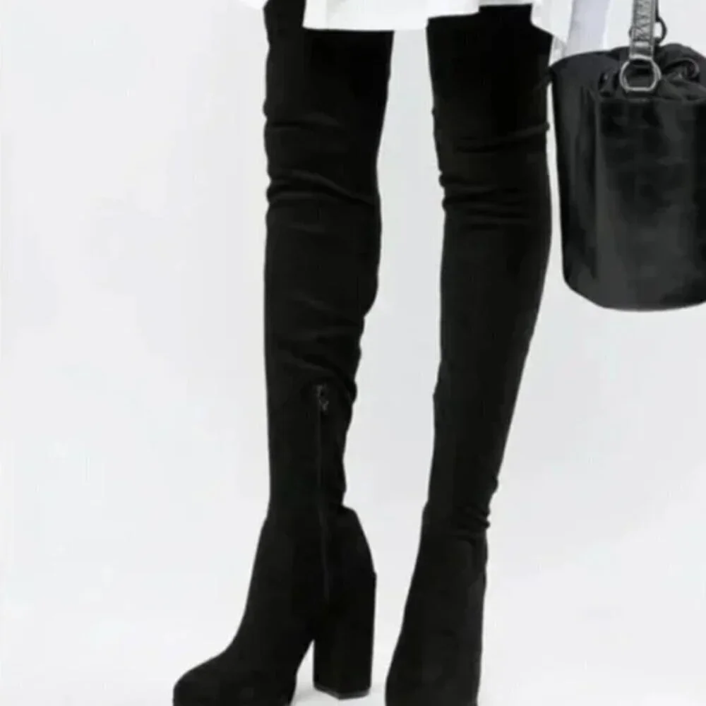 ASOS Thigh High Over the Knee Block Heel Almond Toe Suede Boots